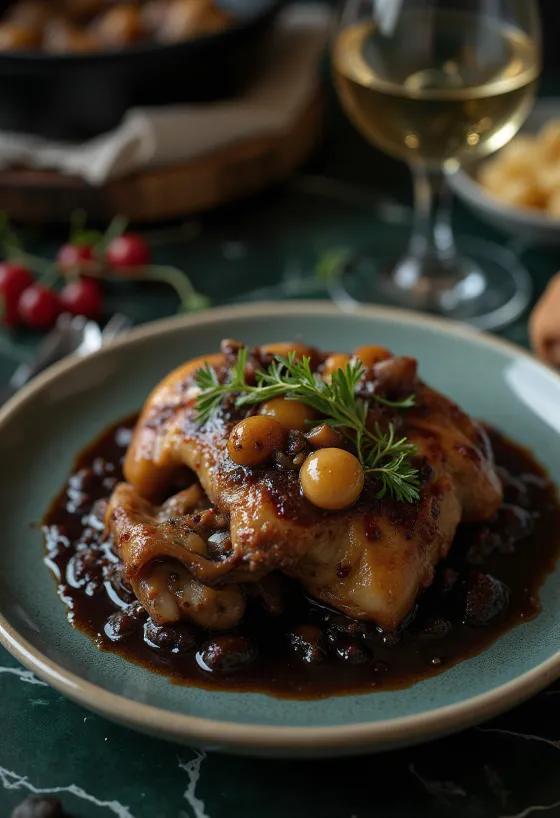 Coq au Vin servido em tacho com molho escuro
