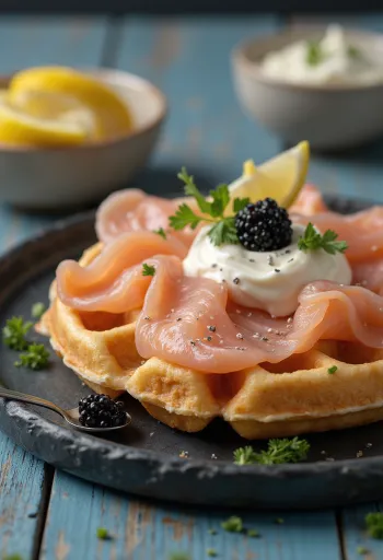 Waffles de Salmão Fumado com Caviar empratados