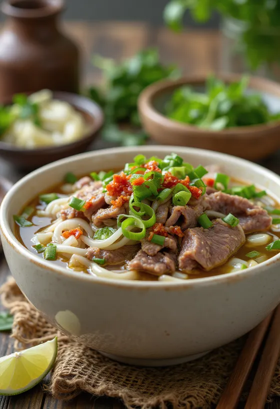 Sopa de noodles Phở de carne com caldo quente, servida com ervas frescas e lima