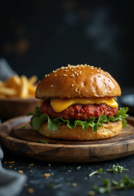 Hambúrguer Merguez com queijo e legumes