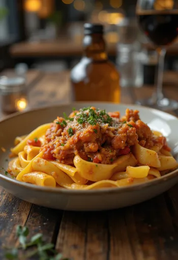 Ragu de coelho servido com massa pappardelle e guarnecido com alecrim fresco