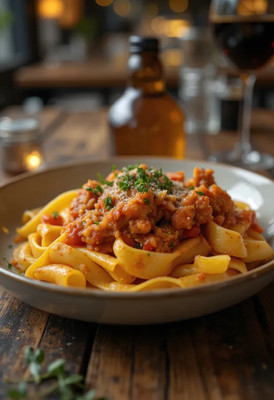 Ragu de coelho servido com massa pappardelle e guarnecido com alecrim fresco