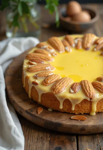 Bolo sueco de amêndoa com bases de amêndoa e creme de baunilha