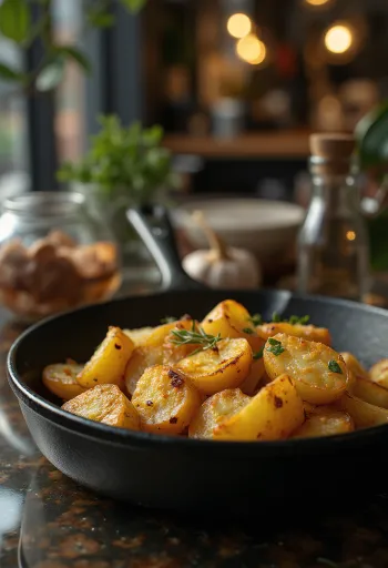 Batatas assadas douradas e estaladiças com ervas frescas.
