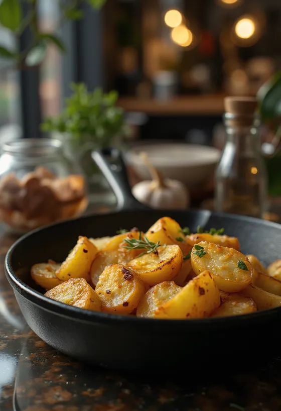 Batatas assadas douradas e estaladiças com ervas frescas.