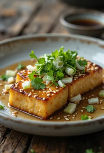 Bife de tofu com sementes de sésamo decorado com coentros frescos