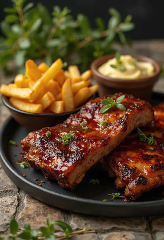 Entrecosto BBQ com batatas assadas condimentadas servido