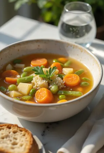 Caldillo com legumes servido, com salsa fresca