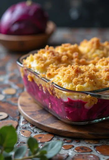Gratinado de couve-lombarda com beterraba servido