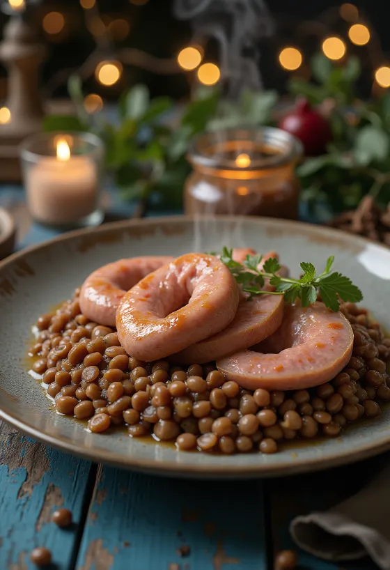 Cotechino fatiado servido sobre lentilhas