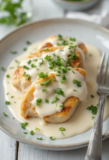 Peito de frango suculento em molho de natas, polvilhado com salsa fresca e servido com massa.