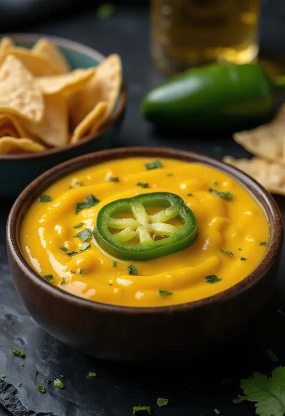 Molho de queijo Cheddar com Jalapeño numa taça