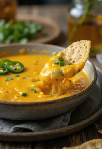 Molho de queijo e jalapeños servido