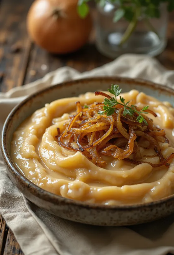 Molho de cebola caramelizada servido com pão fresco