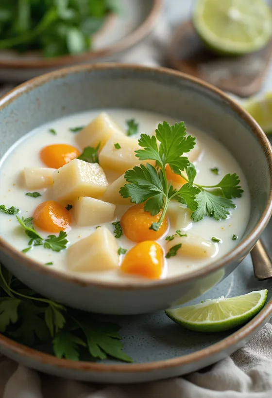Sopa de legumes com leite de coco e coentros frescos