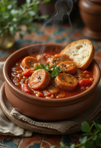 Lecsó com salsicha servido com pimento fresco, tomate e salsicha fumada