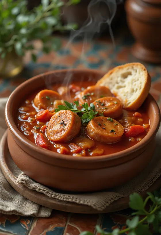 Lecsó com salsicha servido com pimento fresco, tomate e salsicha fumada