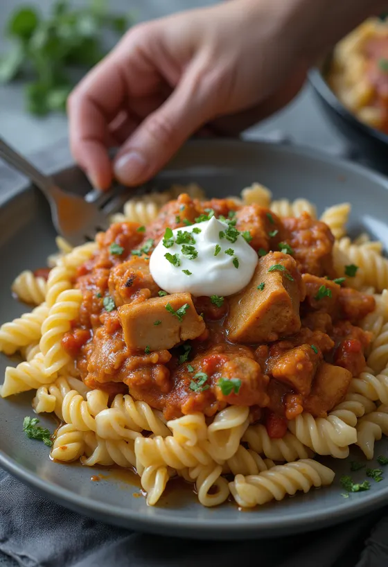 Estufado servido com massa e natas azedas