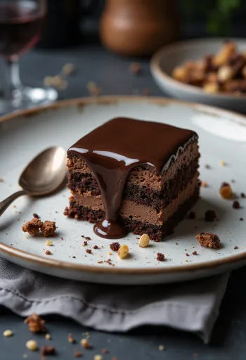 Fatia de bolo de chocolate Rigó Jancsi num prato branco
