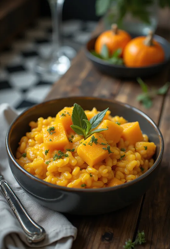 Risoto cremoso com abóbora servido, polvilhado com parmesão ralado, estilo italiano