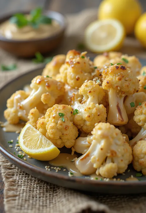 Salada de couve-flor assada com molho de tahini, servida com salsa fresca e sementes de sésamo tostadas.