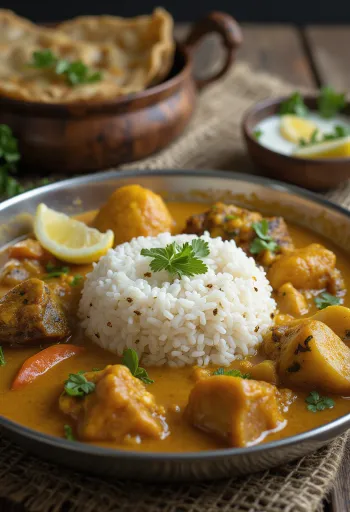 Prato Thali ao estilo de Assam com arroz, legumes picantes e salada fresca