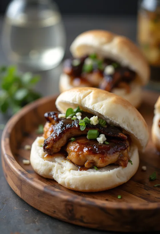 Gua bao aberto recheado com frango frito crocante e vegetais