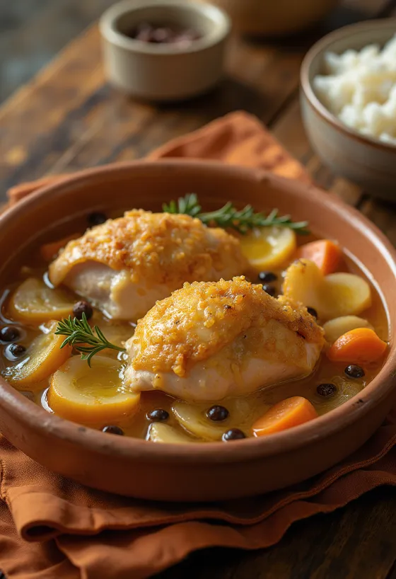 Escabeche de frango, coxas de frango com molho azedo e legumes frescos