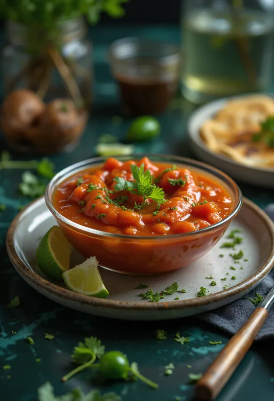 Molho de tomate com jalapeños e lima servido em uma tigela