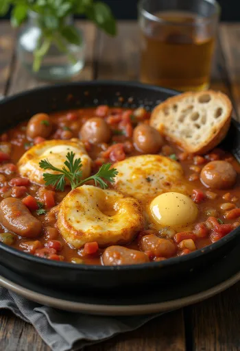 Lecsó com salsicha e ovos, servido com pão fresco