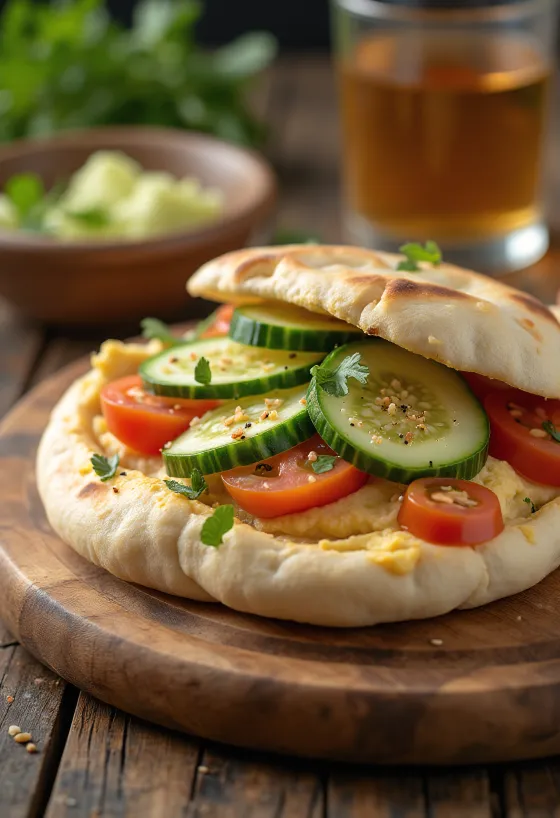 Pita com húmus e legumes frescos