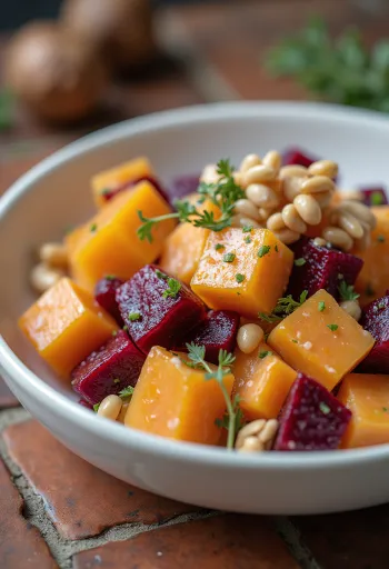 Salada prebiótica de beterraba e batata-doce com molho de iogurte e pinhões