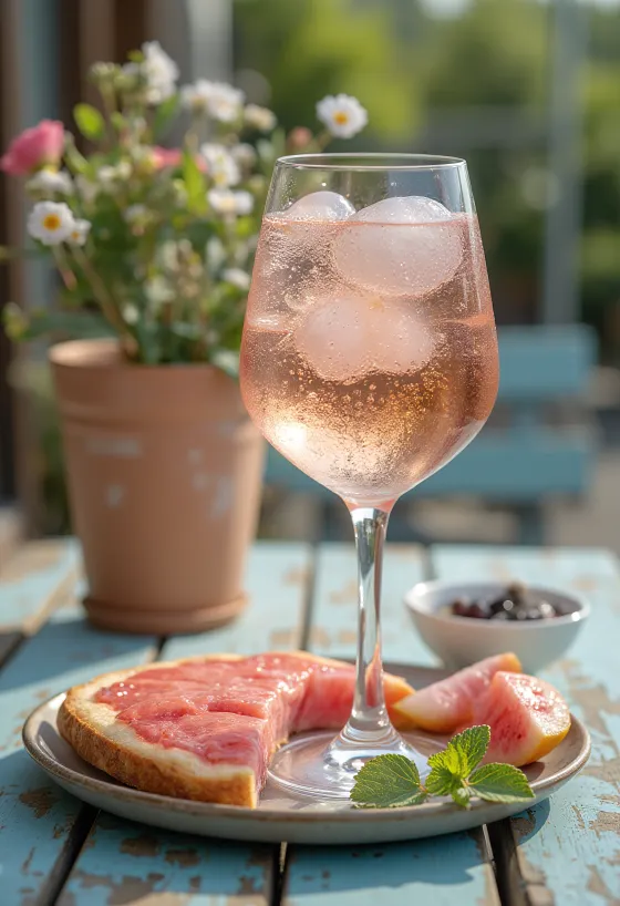 Spritz de Rosé servido com rodela de limão e gelo