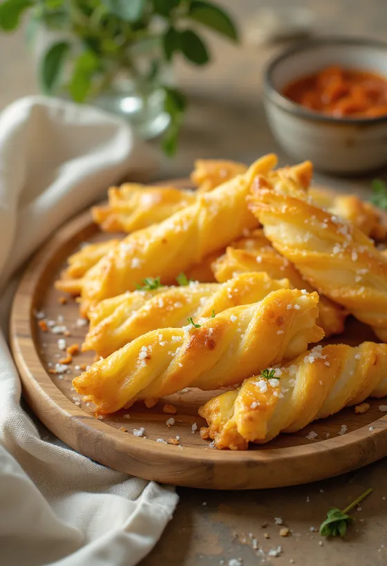 Palitos de queijo estaladiços acabados de assar, com camada de queijo dourada