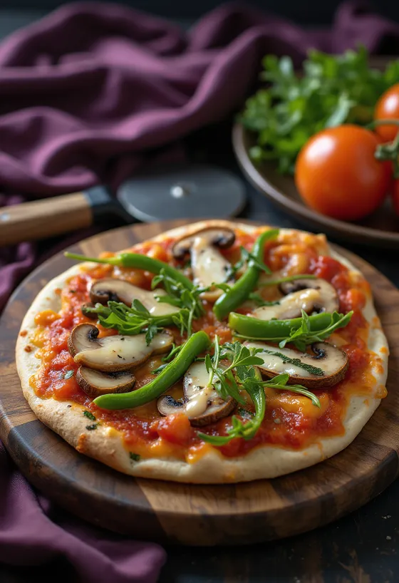 Pizza de tortilha vegan com vegetais frescos e rúcula