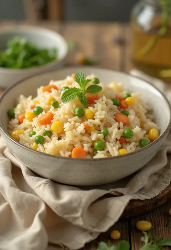 Arroz de legumes, com legumes coloridos e polvilhado com ervas frescas