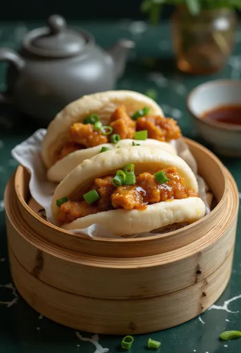 Baozi fechado com recheio de frango e molho hoisin escuro