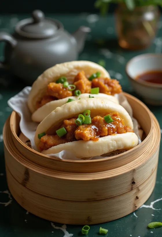 Baozi fechado com recheio de frango e molho hoisin escuro