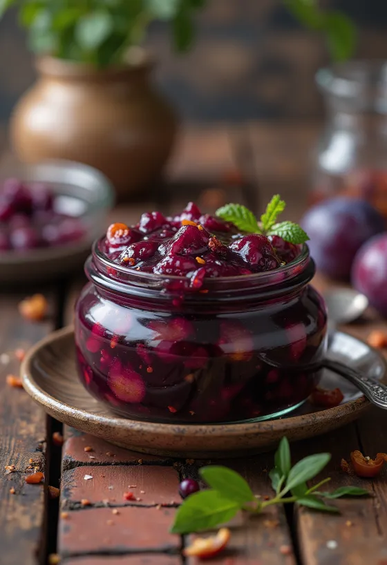 Chutney de ameixa picante em frasco e servido