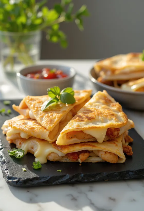 Quesadilla de frango assada dourada, servida com queijo derretido e ervas frescas