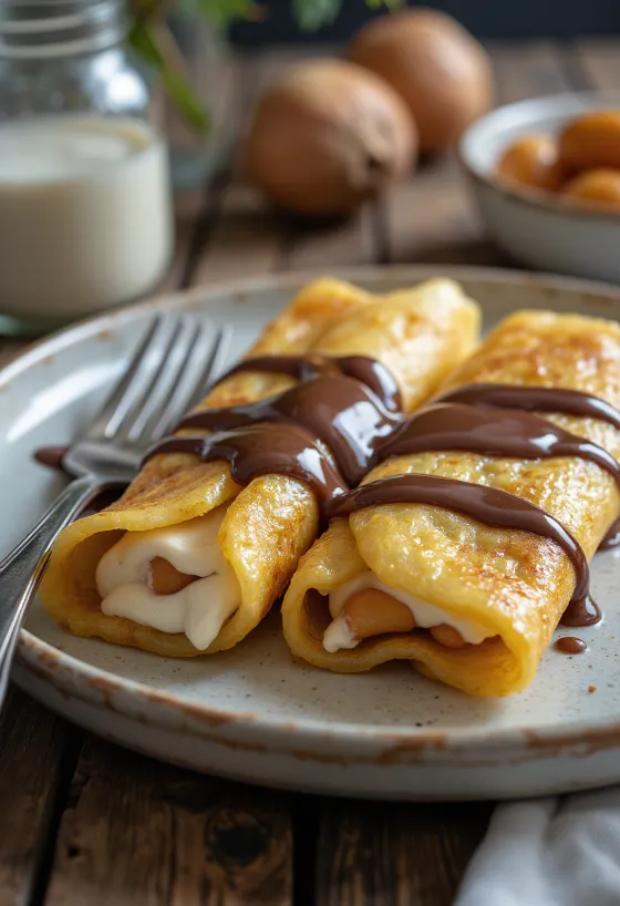 Crepes de castanha servidos com molho de chocolate