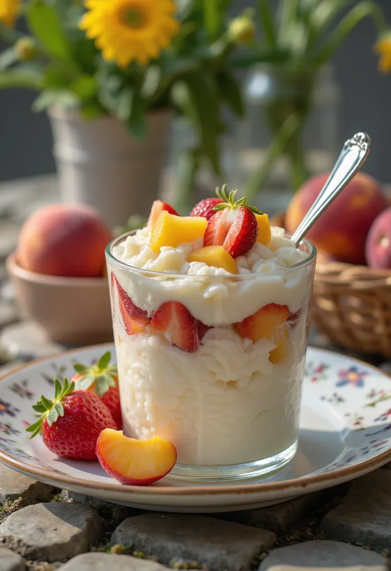 Arroz doce com fruta, decorado com pedaços de fruta fresca e chantilly