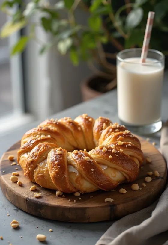 Kringle com recheio de caramelo, decorado com amendoim
