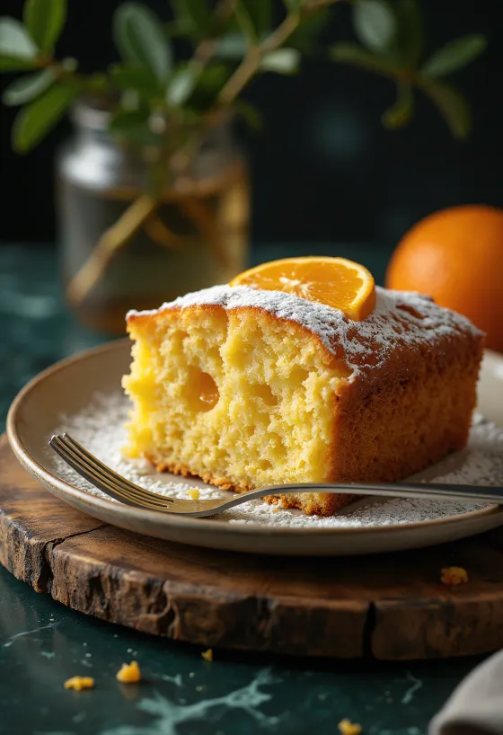 Bolo de mel e laranja cortado em fatias e servido