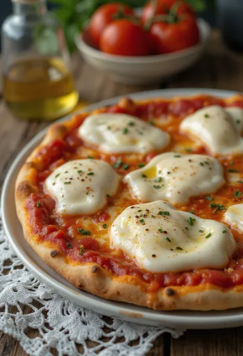 Pizza alla Mozzarella di Bufala com mozzarella de búfala e manjericão
