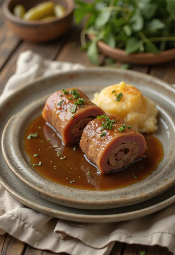 Rinderrouladen servido com molho e puré de batata