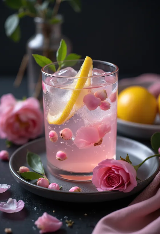 Limonada de água de rosas servida em copo