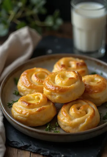 Caracóis de queijo dourados com massa estaladiça e queijo derretido, servidos em tabuleiro.