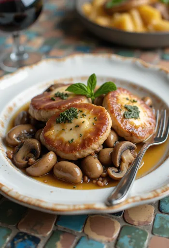 Saltimbocca com cogumelos servido, vitela, presunto, salva e cogumelos estufados em molho de vinho branco