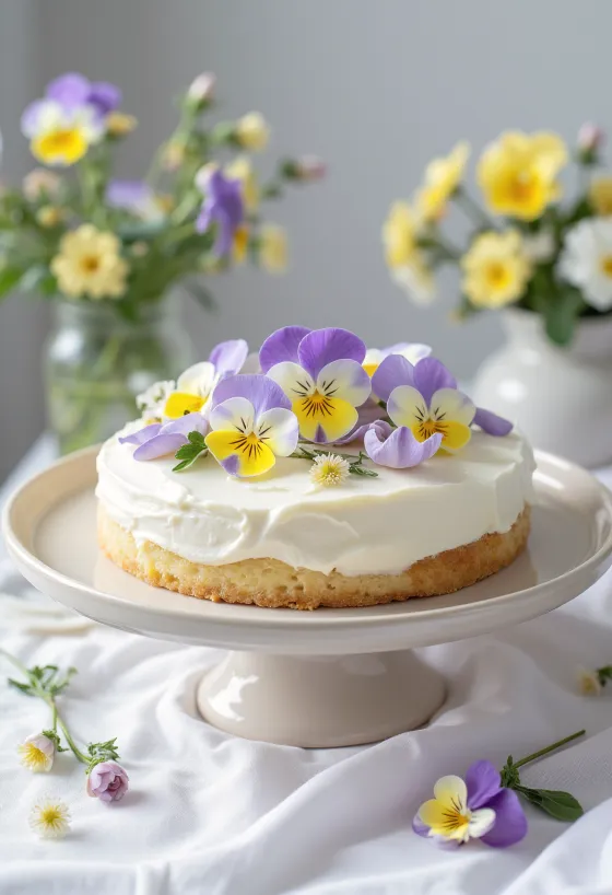 Bolo de primavera decorado com flores comestíveis